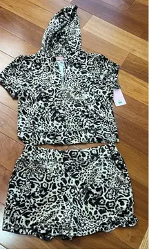 NWT Juicy Couture Ocelot Velour Animal Print Tracksuit Hoodie & Shorts Set Y2K L