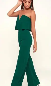 Lulus Power of Love Emerald Green Strapless Jumpsuit Medium Wide Leg Stretch
