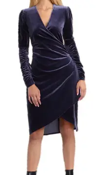 Gigi Parker Velvet Ruched Long Sleeve Sexy Stretch Bodycon Faux Wrap Dress S