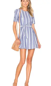 blue white striped iris cotton short sleeve belted mini dress