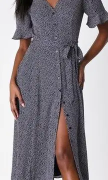 Lulus  Flirty Frolic Navy Blue Print Button-Up Midi Dress