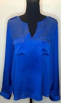 Outback Red-Royal Blue Pocket Front Satin Long Sleeve Blouse Size M