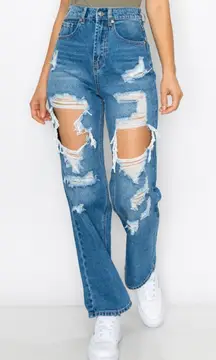 Medium Wash Denim Cut Out Boyfriend Jeans