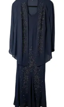 R&M Richards Navy Blue Jeweled Beaded Chiffon Formal Evening Dress SET Size 18W