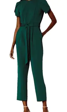 Calvin Klein Green Puff Sleeve Belt Stretch Wide Leg‎ Crop Jumpsuit 12 Pockets