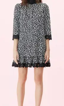 Rebecca Taylor La Vie Leopard Mini Dress Lace Trim Black White Sz M NWT