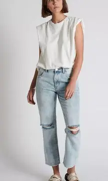 One Teaspoon Truckers Sz 26 Wilde Blue Straight Leg Jeans Torn Knees Distressed