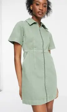 Topshop Clean Front Zip Denim‎ Mini Shirtdress Dress in Light Olive Green Size 4