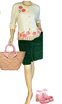 VINTAGE Y2K GARNET HILL CREAM, PINK & GREEN FLORAL CARDIGAN SWEATER (L)