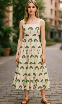 NWOT Calypso St. Barth Stunning Boho Maxi Dress with Tree Print & Lace Details M