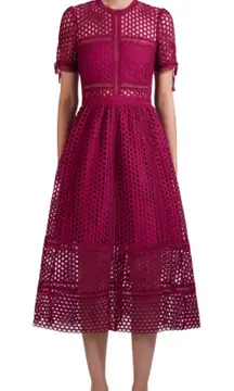 Self Portrait Burgundy Lace Midi Dress US 6 Short Sleeve A Line