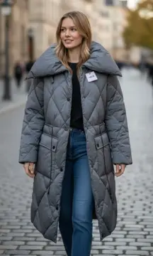 NWT DKNY Pillow Collar Diamond Quilt Long Puffer jacket with oversized
