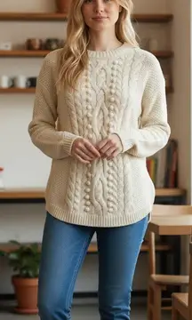 Talbots S Cable Knit Bobble Sweater Ivory Chunky Cozy Winter Holiday Xmas Wool