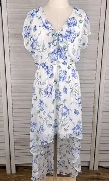LILY ROSE Hi/Low Floral Print Maxi Dress White w Blue Floral-Large