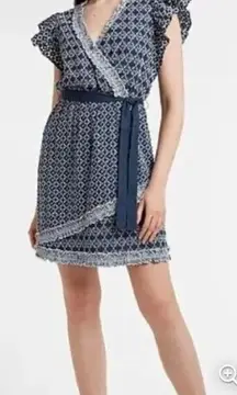 New! Express Eyelet Faux Wrap Dress Blue‎ White Short Sleeve Casual, S