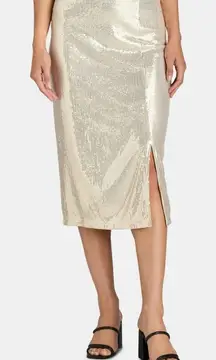 TIME & TRU GOLD SEQUIN MIDI SKIRT WOMEN W/SIDE ZIP & SLIT FULLY LINED M 8-10 A94