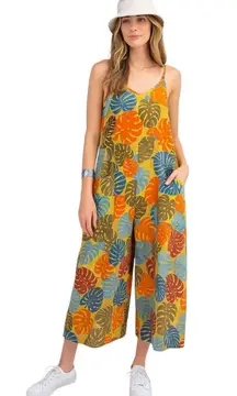 Easel Tropical Leaf Print Cropped Wide Leg Jumpsuit Size Large Festival Vacation