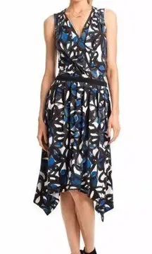 Trina Turk S Blue Black White Abstract Flower Surplice Jersey Knit Keegan Dress