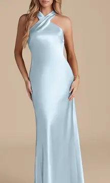 Azazie Doretta Sky Blue Metallic Satin Formal Dress 