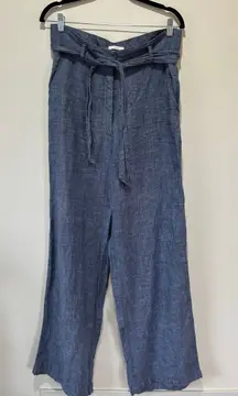C&C California 100% linen pants size 8 wide leg blue belted high waist