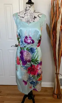 Dress NWOT Floral Print Pleated Overlay Shift Sheath Work Mint Plus Size  A-line