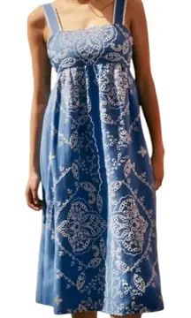Sezane NWT Women’s Size 6 Blue Ecru Embroidered Sylvette Tie Back Midi Dress