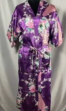 Vicabo Purple Floral Peacock Satiny Kimono Robe Lingerie Size Large NWOT
