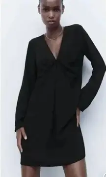 ZARA Black SHORT DRAPED DRESS Long Sleeves V-Neck Women’s Minimalist SZ S #1669
