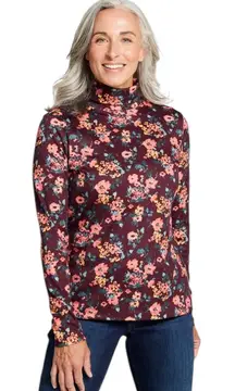 LL Bean Pima Cotton Turtleneck Long Sleeve Deep Wine Winter Floral Womens Large