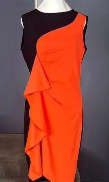 Women’s Black & Orange Asymmetrical Ruffled Front Midi Dress Zip Up Back Size M