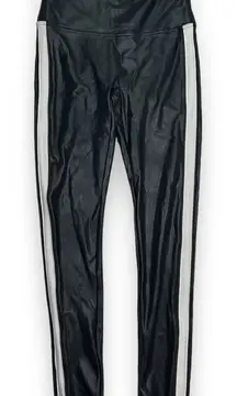 EUC SPANX Faux Leather Leggings with White Side Stripes Womens Small Black‎