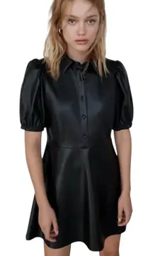Zara Black Faux Leather Puff Sleeve Collared Button Up Fit Flare Dress XS