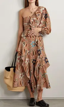 Ulla Johnson Mariam One-sleeve Ruffled Printed Silk Dress‎ - Copper Size 2