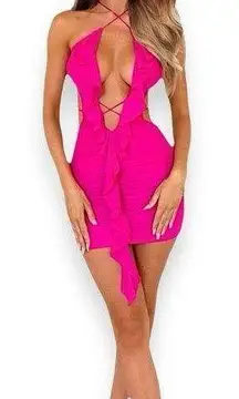 Hollow Out Ruffle Sexy Mini Dress Women Robe Summer Backless Bodycon Pink Med