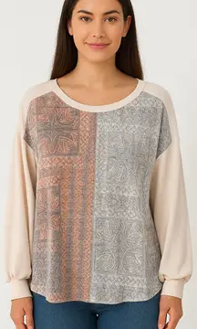 Women's Lovely J Long Sleeve Tee M Beige Orange Patterned