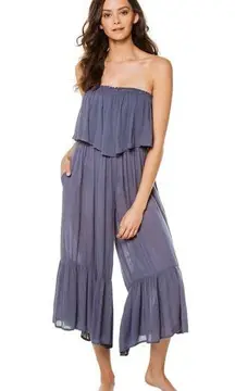 Elan Blue Flounce Wide Leg Jumpsuit Strapless Ruffle Swim Cover Up Small NWT