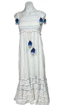 Playa Lucila White Smocked Tassel Spaghetti Strap Tiered Ruffle Maxi Dress Sz XS