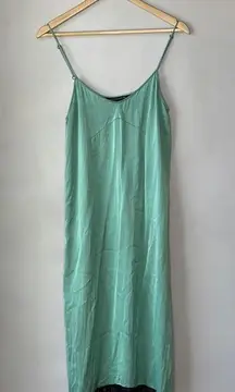 ZARA Studio Green Teal Satin Slip Midi Dress Black Lace Trim