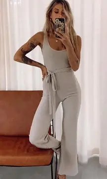Callie Beige Ribbed Belted Flare Leg Jumpsuit 2