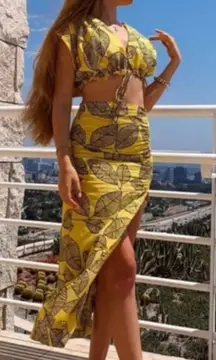 Zara Yellow Linen Blend Leaf Print Skirt & Crop Top Co-ord Set XL Resort Blogger