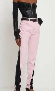 MUGLER Two Tone Twist Panel High Rise Denim Stretch Jeans Pink Black FR 40 US 8