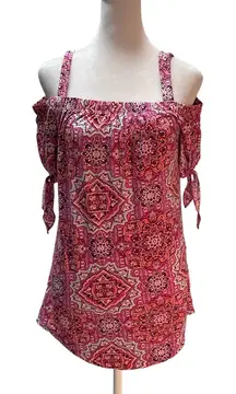 Bobbie Brooks Pink White Green Paisley Print Off the Shoulder Short Sleeve Top S
