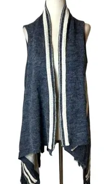 Paper Crane Blue and Ivory Open Asymmetric Fringe Hem Open Front Sweater Vest S‎