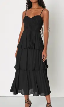 NWT Lulus Cascading Crush Black Tiered Bustier Midi Dress Sweetheart Neck Size M