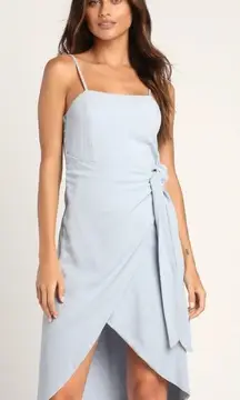 NWT Lulus Stay Sunny Light Blue Faux Wrap Spaghetti Strap Midi Dress Size Medium