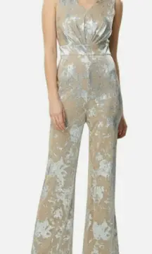 Tahari Silver Metallic Wide Leg Jumpsuit Women Sz 8 Formal Event Cocktail Party