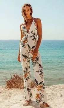 Le Salty Label Eden Floral V-Neck Plunge Wide Leg Backless Jumpsuit White XS