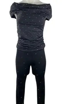 Zara Women's Black Rhinestone Off The Shoulder Top Crop Pants 2 Piece Set Size M