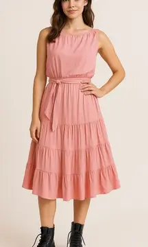 ⭐️Ella Moss Pink Strapless Tiered Midi Dress Belt Ruffle Summer Sundress‎ Large