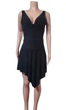 Onyx nite black v neck asymmetric ruched dress 12/L
